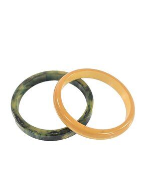 Vintage Bakelite Bangles Bracelets Lot of 2 Yellow Green Swirl Marbled Spinach